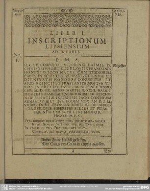 Liber I. Inscriptionum Lipsiensium Ad D. Pauli