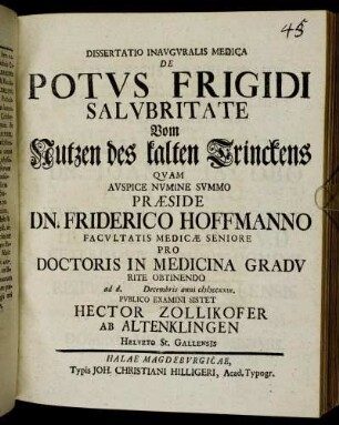 Dissertatio Inavgvralis Medica De Potus Frigidi Salvbritate