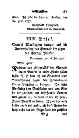 XXIV. Brief - General Wassington dringt auf die Auswechslung des Generals Lee