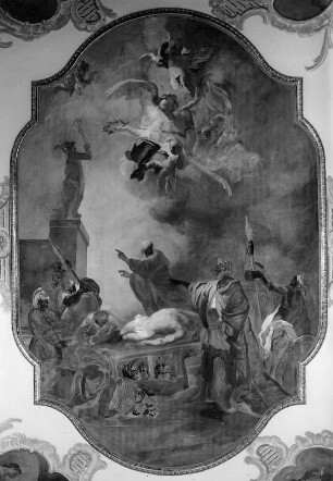 Martyrium des Heiligen Laurentius : Martyrium des Heiligen Laurentius. Fresko (1763; E. Gabriel). Degernau (Ingoldingen), Laurentiuskapelle