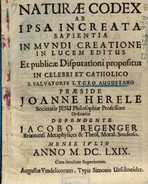 Naturae Codex Ab Ipsa Increata Sapientia In Mvndi Creatione
