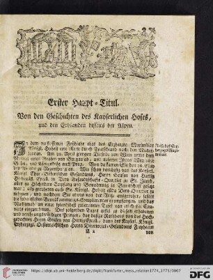 Erster Haupt-Titul. Von den Geschichten des kayserlichen Hofes, und den Erblanden disseits der Alpen