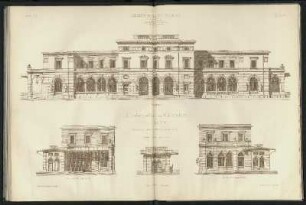 Aufnahmsgebäude der Gotthardbahn in Lugano. Vorderansicht, Seitenansicht gegen Süden und Norden, Detail