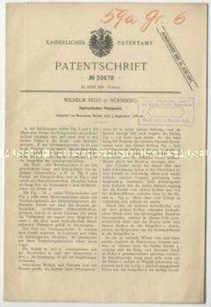 Patentschrift eines hydraulischen Pumpwerkes, Patent-Nr. 39678