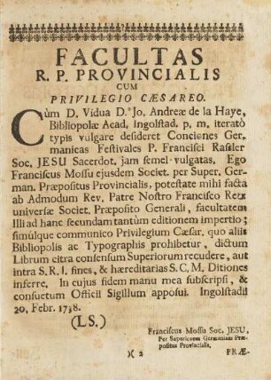 Facultas R. P. Provincialis Cum Privilegio Caesareo.