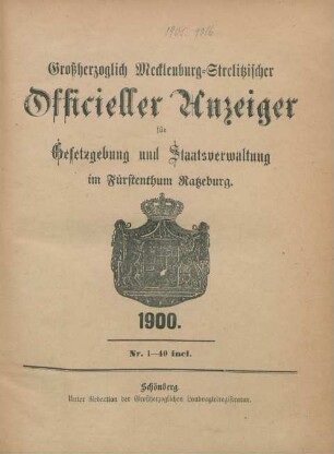 1900: Großherzoglich-Mecklenburg-Strelitzscher offizieller Anzeiger für Gesetzgebung und Staatsverwaltung im Fürstentum Ratzeburg