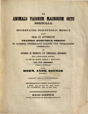 De anomalo vasorum magnorum ortu nonnulla : dissertatio inauguralis medica; accedunt tabula lithographica