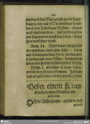 Gebet einem Krancken sterbenden Menschen für zusprechen