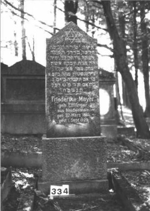 Grabstein 334 (Index: 99898442) Material: Granit Zustand: gut erhalten Maße HxBxT: 154x48x15 cm Beschreibung: aufgesockelte Stele mit eingezogenem Dreiecksabschluss, oberhalb der Inschrift Davidstern Symbolik: Davidstern: Grabstein 334