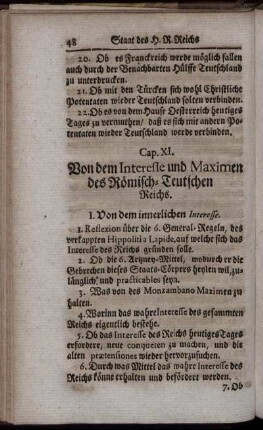 Cap. XI. Von dem Interesse und Maximen des Römisch-Teutschen Reichs.