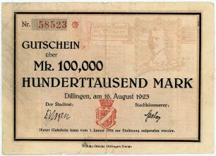 Geldschein / Notgeld, 100.000 Mark, 16.8.1923