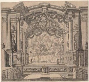 Die Bühne im Komödienhaus (Klengelsches Opernhaus oder Komödienhaus) am Taschenberg an der Westseite des Residenzschlosses, spätere Nutzungen als katholische Hofkapelle, Ballsaal sowie als Archiv, 1888 abgerissen