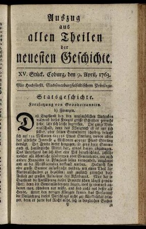 XV. Stück. Coburg, den 9. April, 1763.