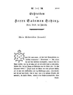 Schreiben zu Herrn Salomon Schinz, Med. Doct. Zürich