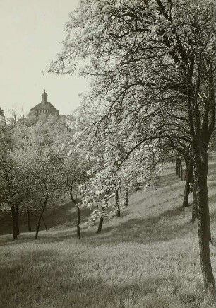 Freital-Pesterwitz. Blick über eine Streuobstwiese zum Jochhöhschlösschen (1795/1797)