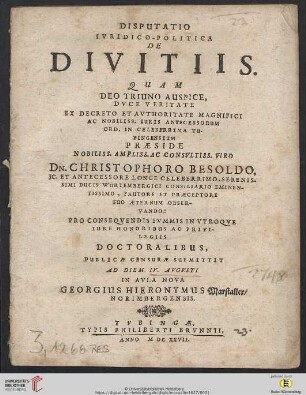 Disputatio Iuridico-Politica De Divitiis