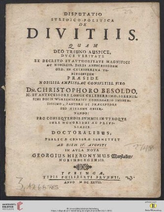 Disputatio Iuridico-Politica De Divitiis