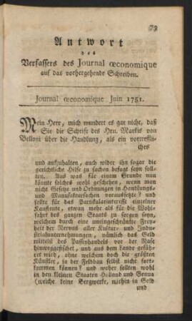 Antwort des Verfassers des Journal oeconomique ...