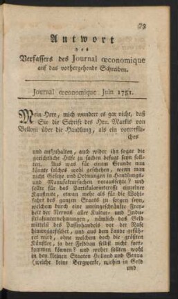 Antwort des Verfassers des Journal oeconomique ...
