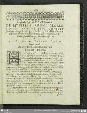 Disputatio XVI. & ultima
