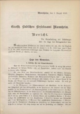 Großh. Badisches Bezirksamt Mannheim. Bericht.