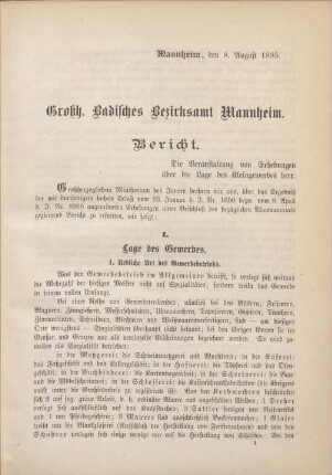 Großh. Badisches Bezirksamt Mannheim. Bericht.