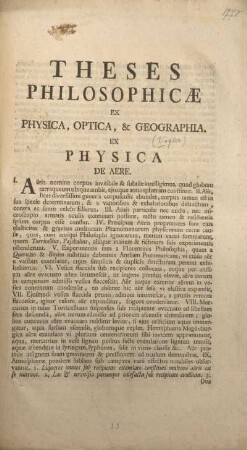 Theses philosophicæ ex physica, optica, & geographia.