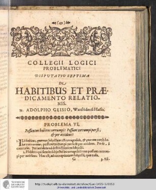 Collegii Logici Problematici. Disputatio septima. De Habitus et Praedicamento Relationis.