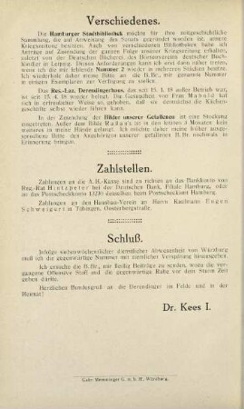18, Verschiedenes, Zahlstellen, Schluß