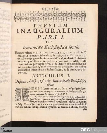 Pars I. De Immunitate Ecclesiastica locali.