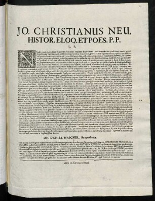 Jo. Christianus Neu, Histor. Eloq. Et Poes. P. P. L. S.