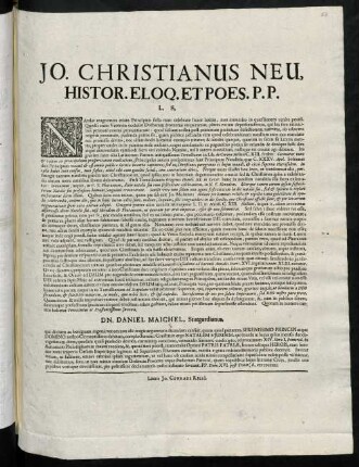 Jo. Christianus Neu, Histor. Eloq. Et Poes. P. P. L. S.