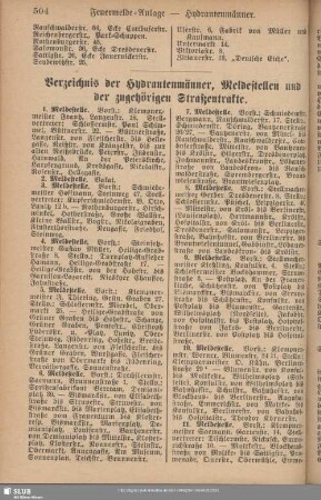 Verzeichnis der Hydrantenmänner, Meldestellen und der zugehörigen Straßentrakte
