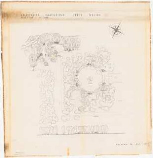 Ehrenmal Saatgrund, Welun: Ehrenmalplatz Ansicht, perspektivische Ansicht (Vogelschau), Lageplan mit Gartenplan 1:200