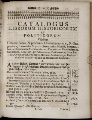 Catalogus Librorum Historicorum Et Politicorum.