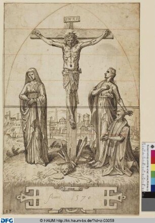 Christus am Kreuz mit Maria, Johannes und einem Stifter