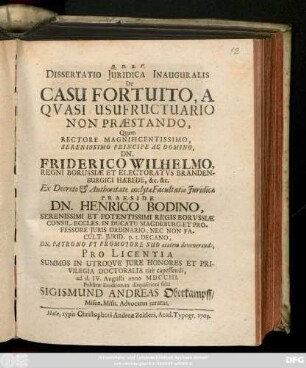 Dissertatio Juridica Inauguralis De Casu Fortuito, A Qvasi Usufructuario Non Præstando