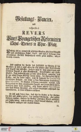 Bestallungs-Puncten, und respectivè Revers Eines Evangelischen Reformirten Schul-Dieners in Chur-Pfaltz