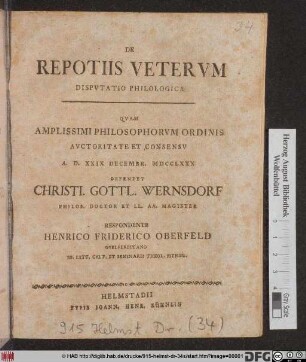 De Repotiis Vetervm Dispvtatio Phililogica
