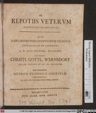 De Repotiis Vetervm Dispvtatio Phililogica