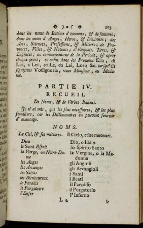 Partie IV. Recueil De Noms, & de Verbes Italiens.