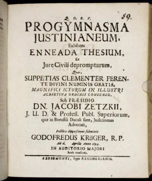 Progymnasma Iustinianeum, Exhibens Enneada Thesium, Ex Iure Civili depromptarum