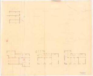 Garten Noebel, Berlin-Frohnau: 4 Ansichten, 1 Schnitt, Grundrisse von Kellergeschoss, Erdgeschoss und Obergeschoss (Zeichnung des Architekten)