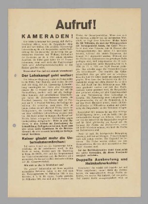 "Aufruf! KAMERADEN! Der Lohnkampf geht weiter!"