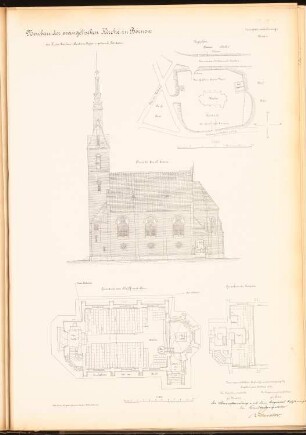 Evangelische Kirche, Bornow: Lageplan 1:500, Ansicht der Südseite, Grundrisse EG und Empore 1:100