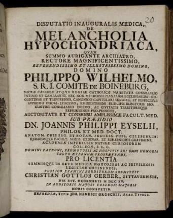 Disputatio Inauguralis Medica, De Melancholia Hypochondriaca