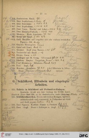 G. Schildkrot, Elfenbein und eingelegte Arbeiten (Nr. 324-335)