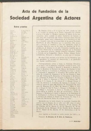 Acta de Fundación de la Sociedad Argentina de Actores : Actores presentes: