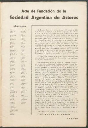 Acta de Fundación de la Sociedad Argentina de Actores : Actores presentes:
