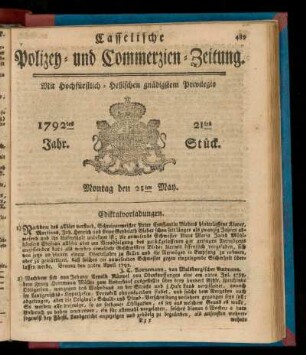 21tes Stück, Montag den 21ten May. 1792